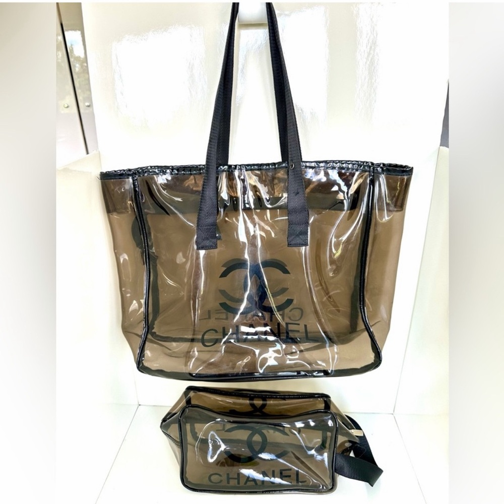 Designer 2PCS Clear PVC with Black Logo & Straps Tote Bag & Cosmetic Bag